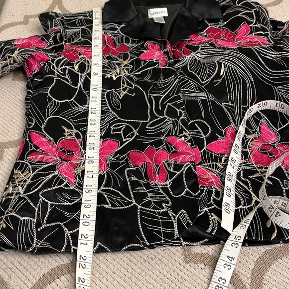 Chico’s Silk Blend Black Fuchsia Floral Embroidered Lined Jacket Sz 1 M/8 - Picture 5 of 13